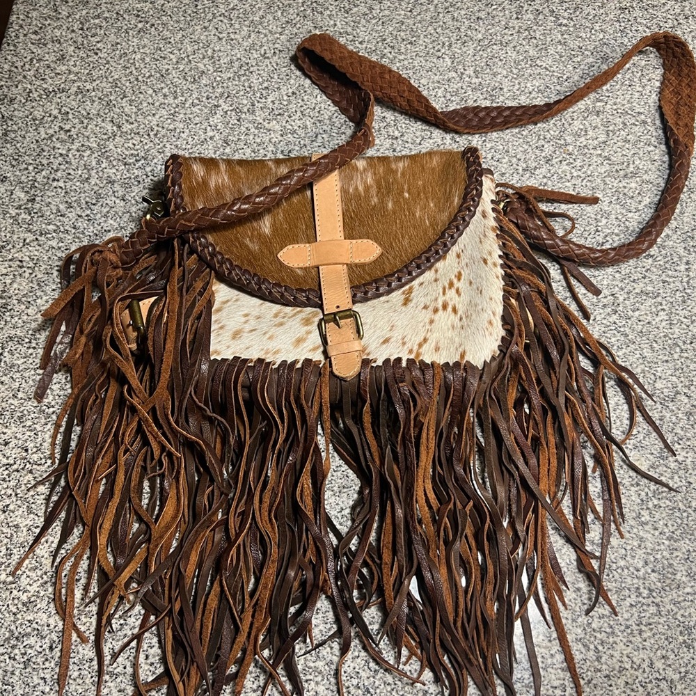 Brown and Tan Fringe Leather Bag